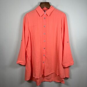 John Mark Coral Rolled Sleeve Button Down High Low Hem Tunic Medium Lagenlook